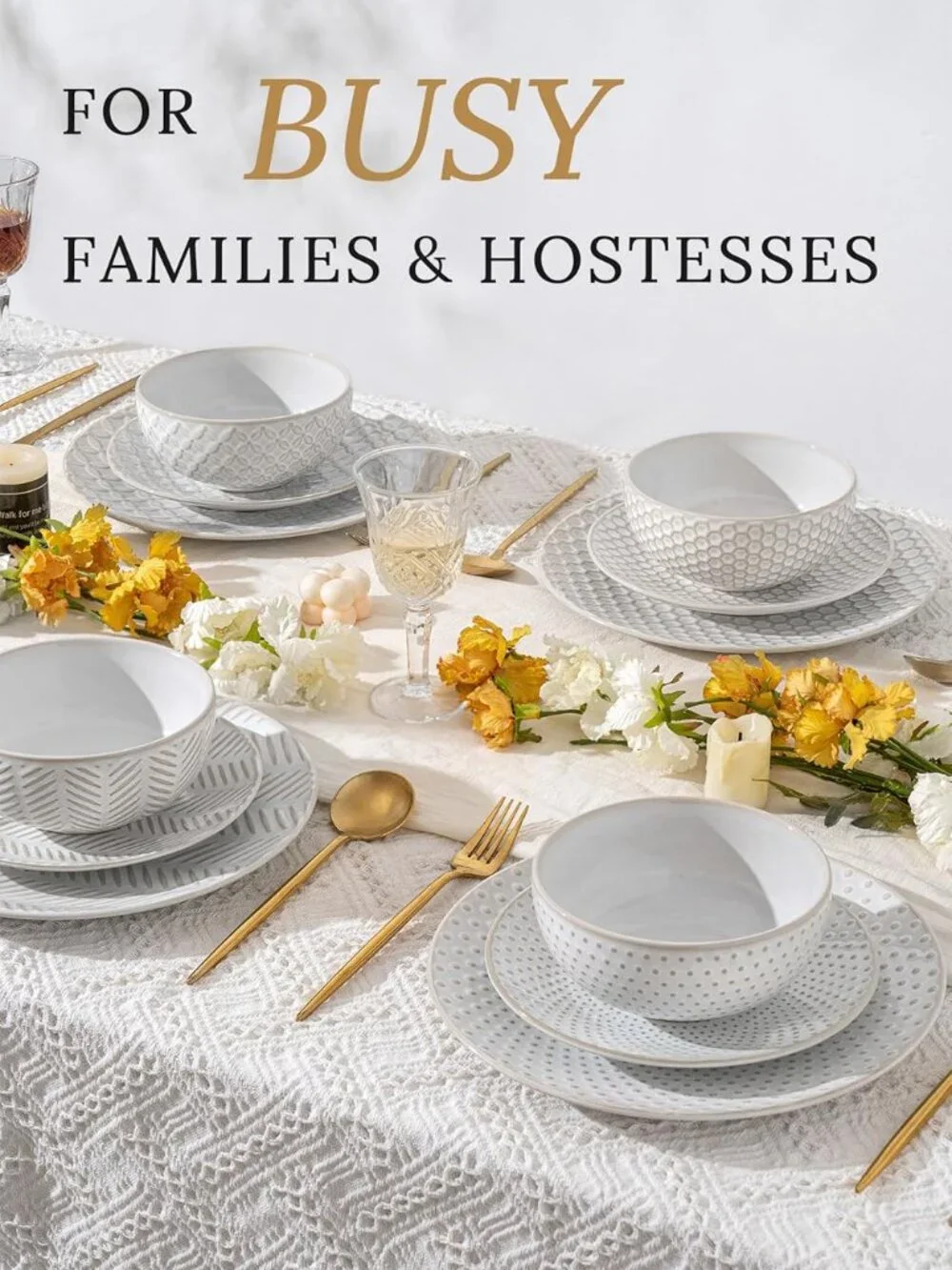 FOBENTA 12-Piece Stoneware Dinnerware Set for 4, Embossed Plates & Bowls
